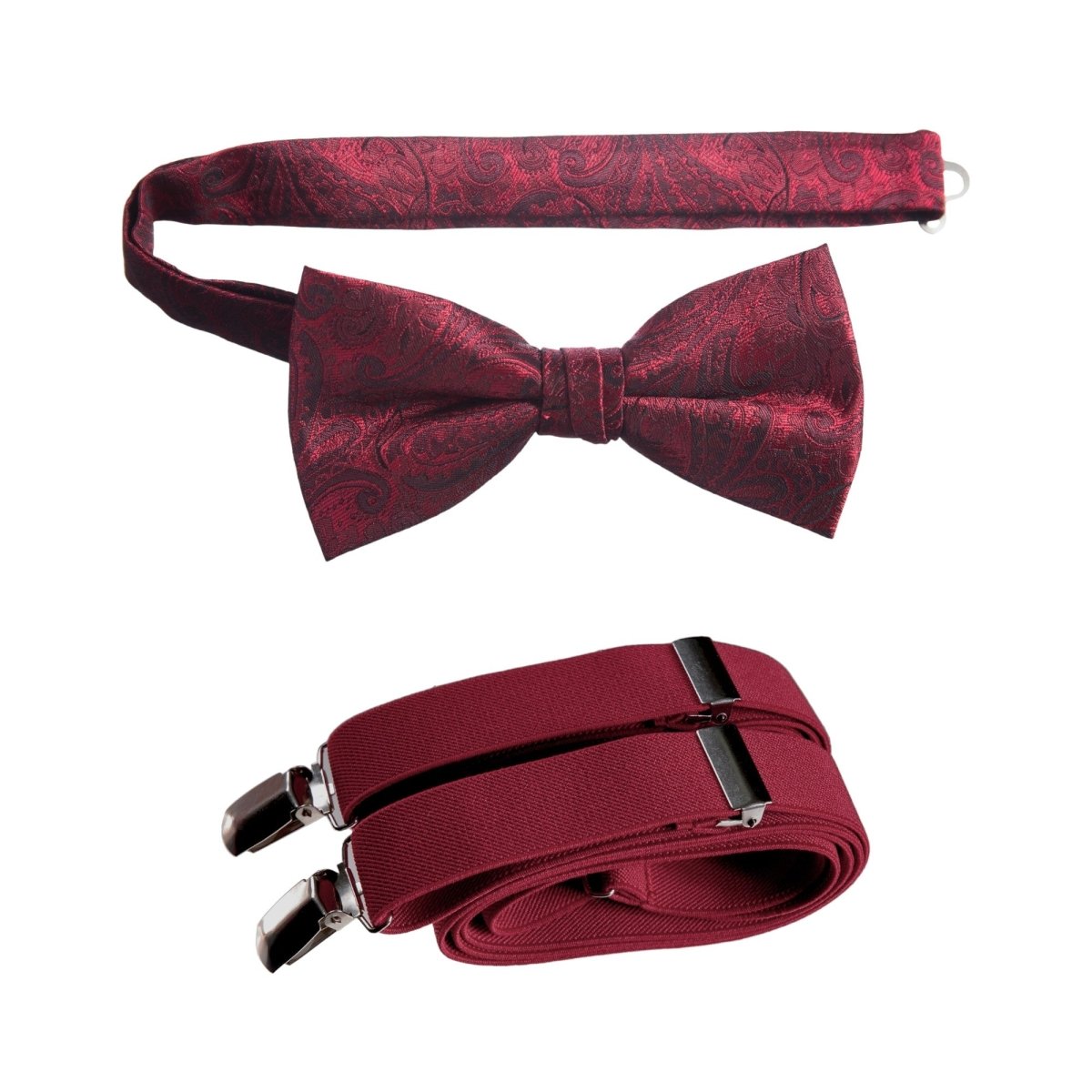Apple Red Pre-tied Bow Tie Paisley Jacquard and Matching Adjustable Stretch Suspender Sets for Men and Boys