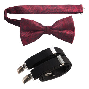 Apple Red Pre-tied Bow Tie Paisley Jacquard and Black Adjustable Stretch Suspender Sets for Men and Boys