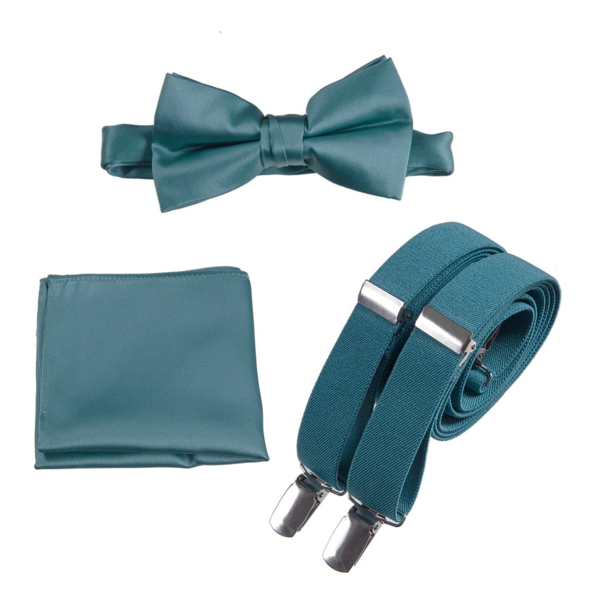 Pre - tied Satin Bow Tie & Pocket Square with Adjustable Stretch Elastic Suspender - Tuxgear