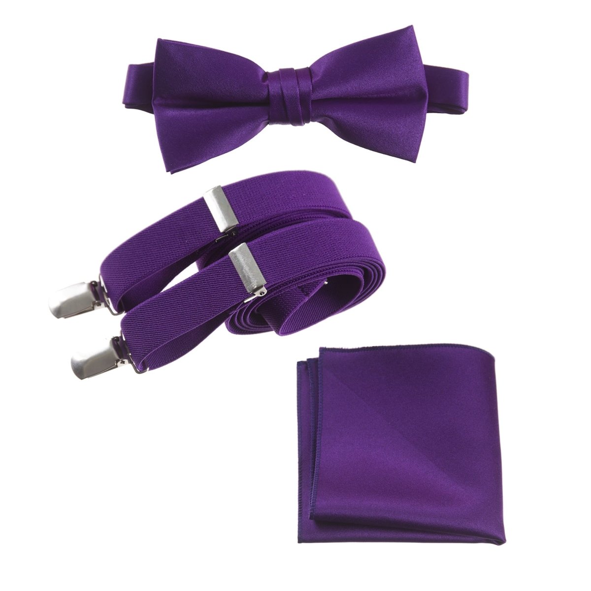 Pre - tied Satin Bow Tie & Pocket Square with Adjustable Stretch Elastic Suspender - Tuxgear