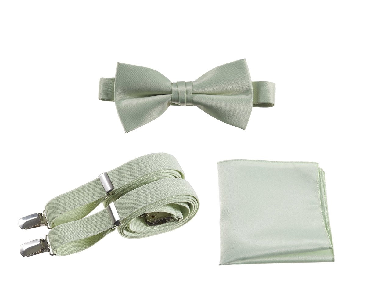 Pre - tied Satin Bow Tie & Pocket Square with Adjustable Stretch Elastic Suspender - Tuxgear