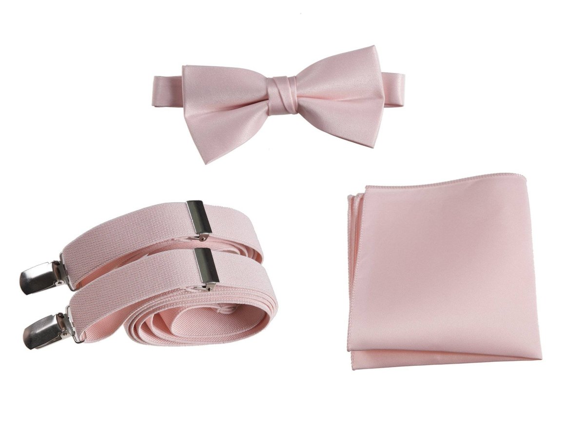 Pre - tied Satin Bow Tie & Pocket Square with Adjustable Stretch Elastic Suspender - Tuxgear