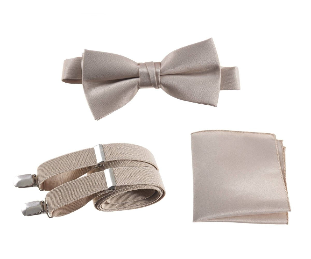 Pre - tied Satin Bow Tie & Pocket Square with Adjustable Stretch Elastic Suspender - Tuxgear