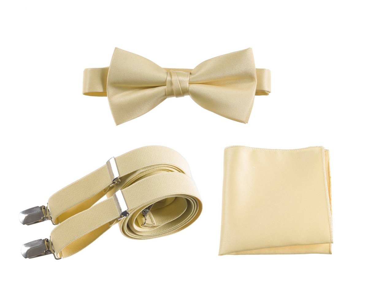 Pre - tied Satin Bow Tie & Pocket Square with Adjustable Stretch Elastic Suspender - Tuxgear