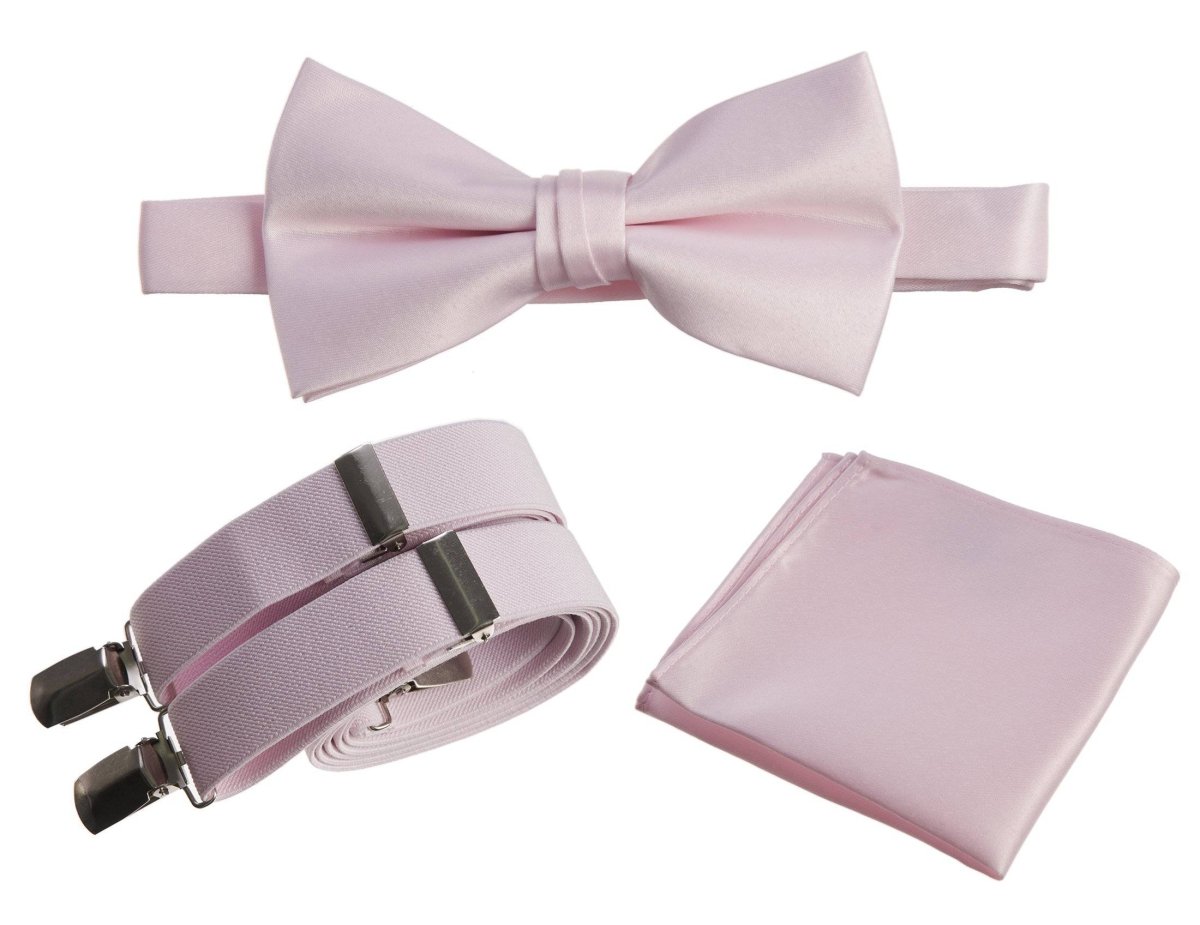 Pre - tied Satin Bow Tie & Pocket Square with Adjustable Stretch Elastic Suspender - Tuxgear